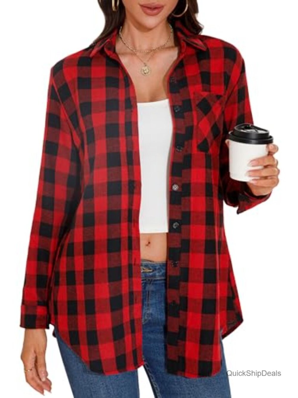 Womens Plaid Button Down Shirt Long Sleeve Flannel Shacket